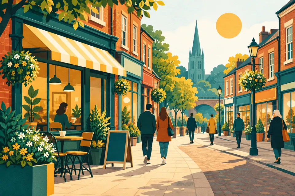 Illustration of shopfronts along a local high street.