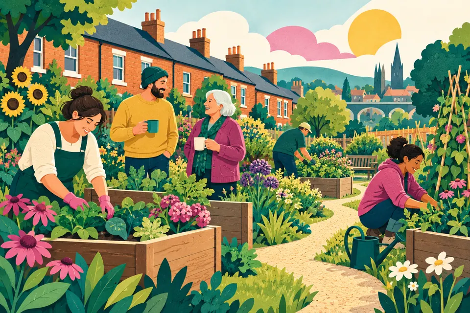 Illustration of people gardening beside terraced houses.