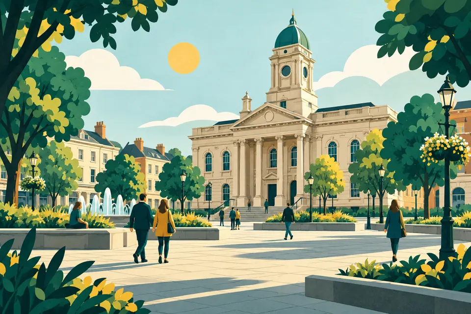 Illustration of a civic building overlooking a public square.