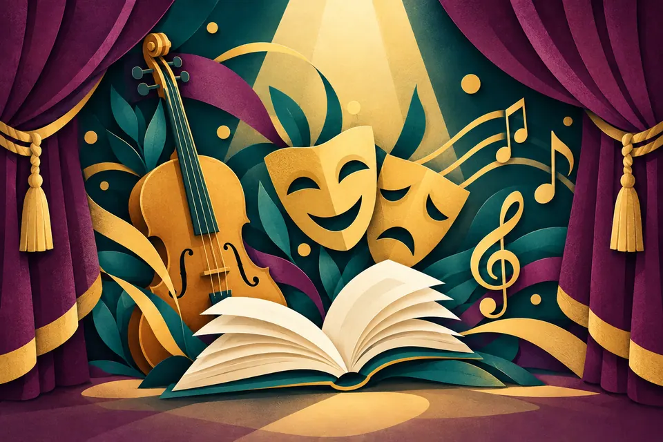 Illustration of theatre curtains, a musical instrument, a book and theatre masks.