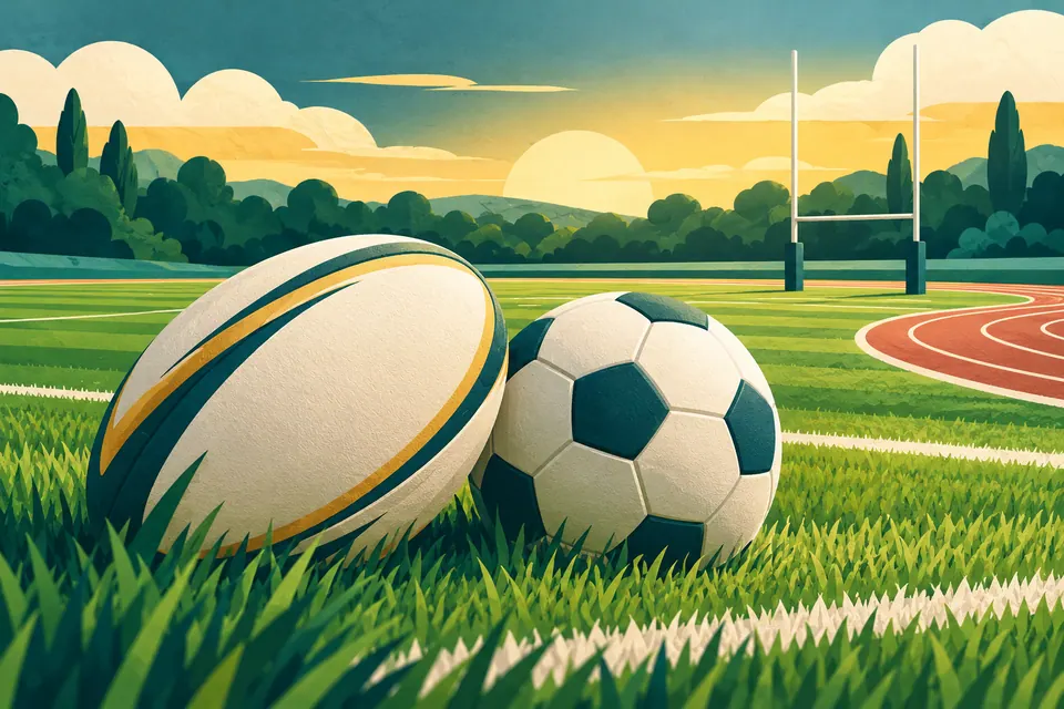 Illustration of a rugby ball and football on a sports pitch.