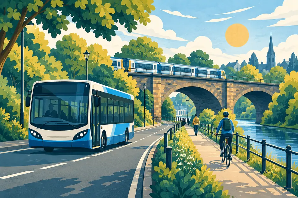 Illustration of a bus, train and cycle path.