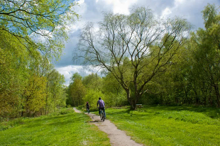A green woodland path at Risley Moss with two cyclists in the distance