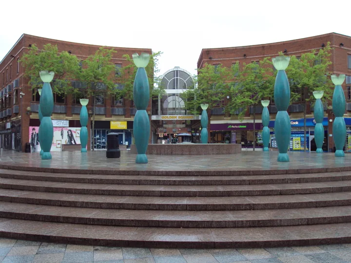 The turquoise Skittles sculptures outside Golden Square in Warrington town centre